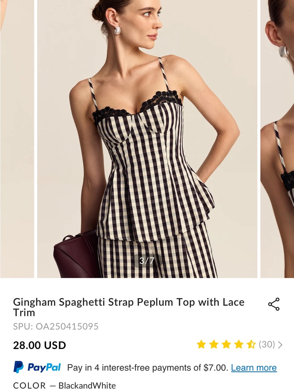NWT Commense Black and White Gingham Spaghetti Strap Peplum Top